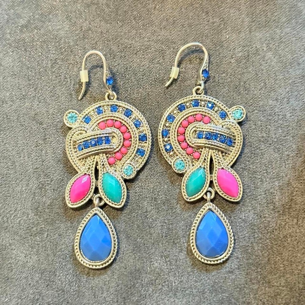Multicolor boho silver dangle earrings - Blue, Pink, Red, Teal